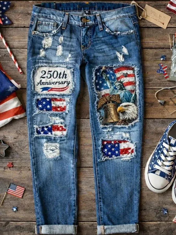 Women'S Casual Retro Independence Day 250Th Anniversary Printed Jeans