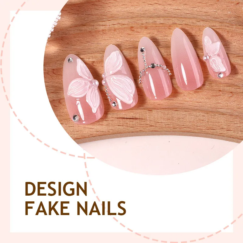 Nailhour 24Pcs Nude 3D Butterfly Medium Almond Press On Nails