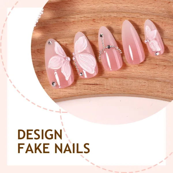 Nailhour 24Pcs Nude 3D Butterfly Medium Almond Press On Nails