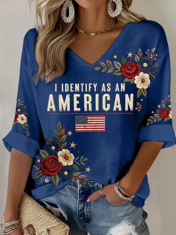 Women's American Flag Printed Casual Waffle Long Sleeve T-shirt