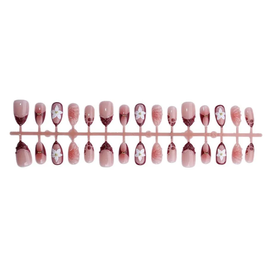 Nailhour 30Pcs Floral 3D Medium Brown Almond French Press On Nails
