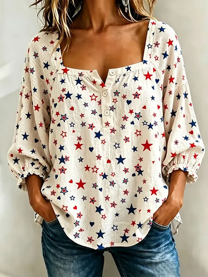 Ladies' Flag Floral Print Casual Cotton And Linen Top