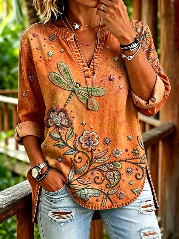 Women's Vintage Floral Print Casual V-Neck Shirt