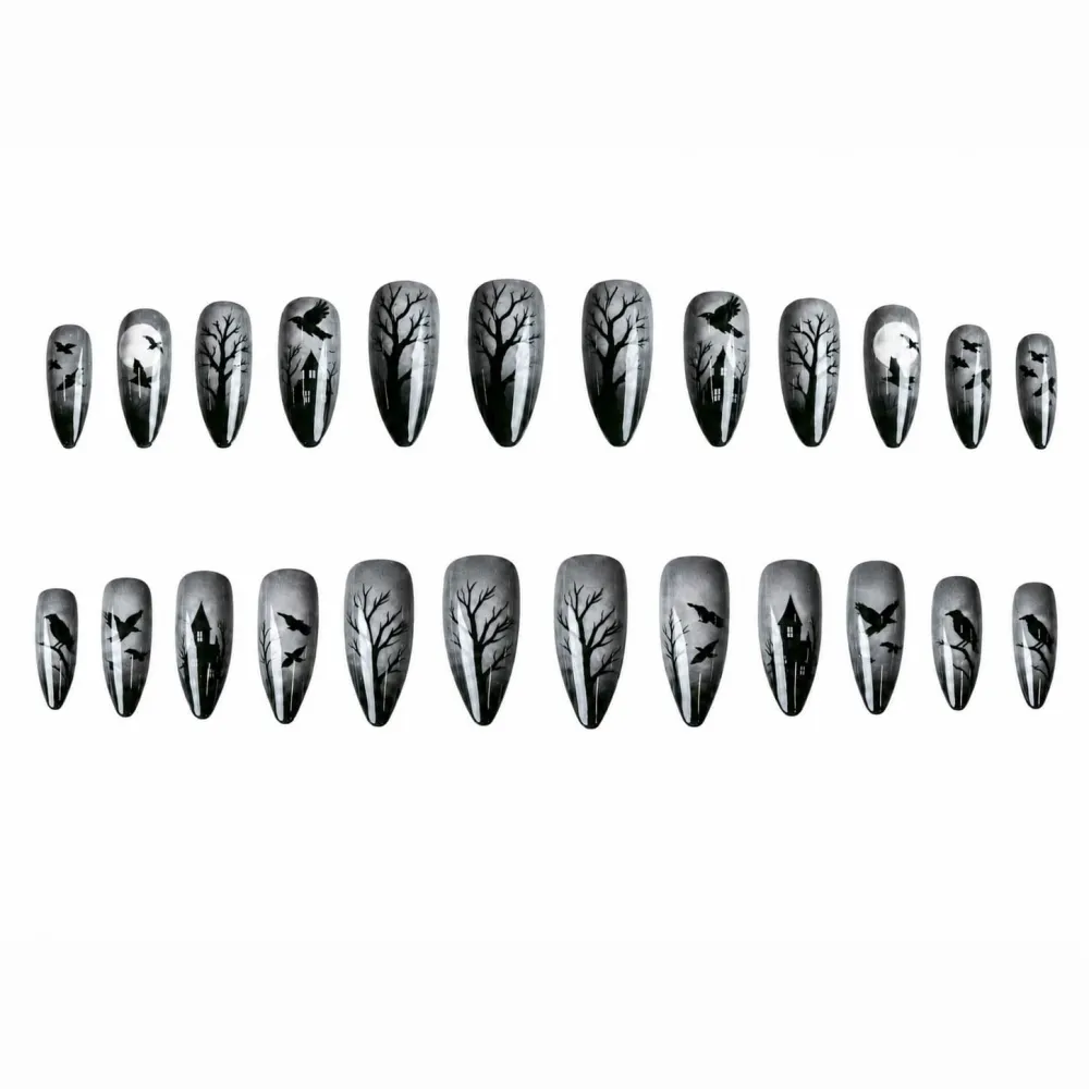 Nailhour 24Pcs Black Halloween Dark Raven Medium Almond Press On Nails