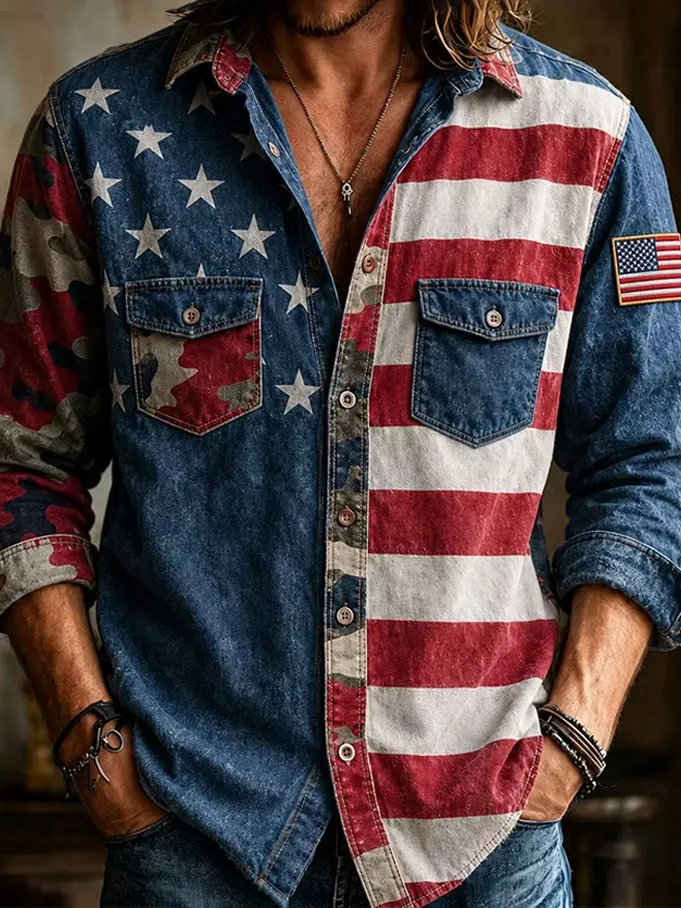 Men'S America Flag Printed Casual Shirt