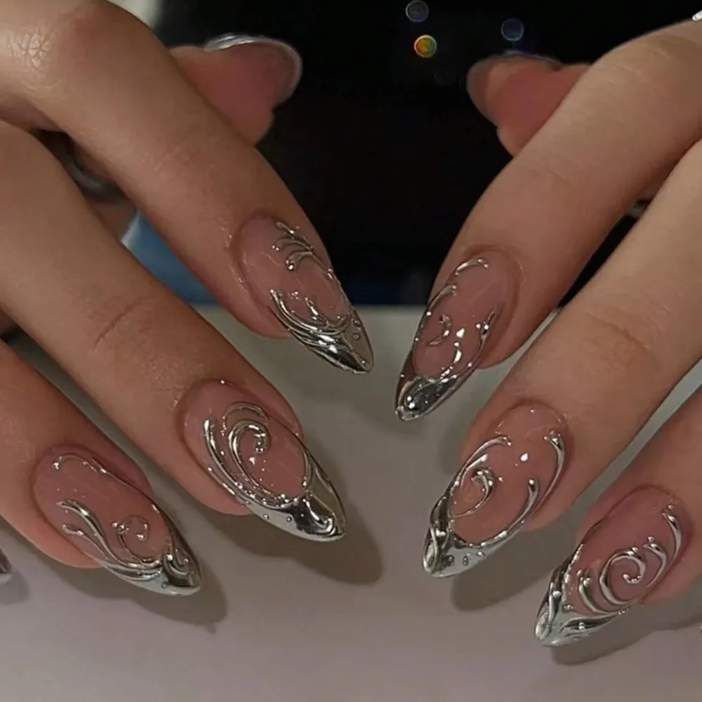 Nailhour 30Pcs French Medium Almond Chrome Nude Press On Nails