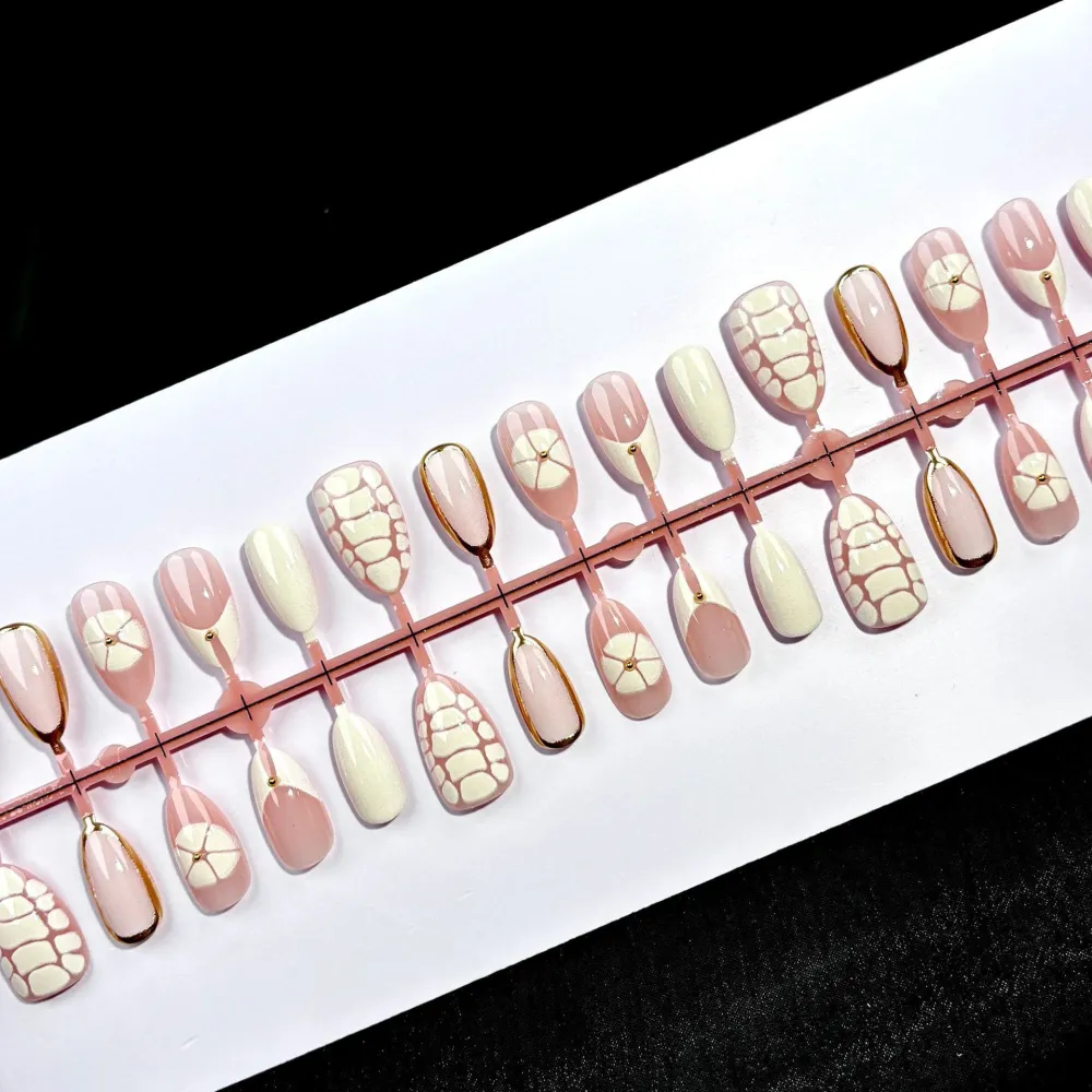 Nailhour 30Pcs Gilded 3D Medium Almond French Press On Nails