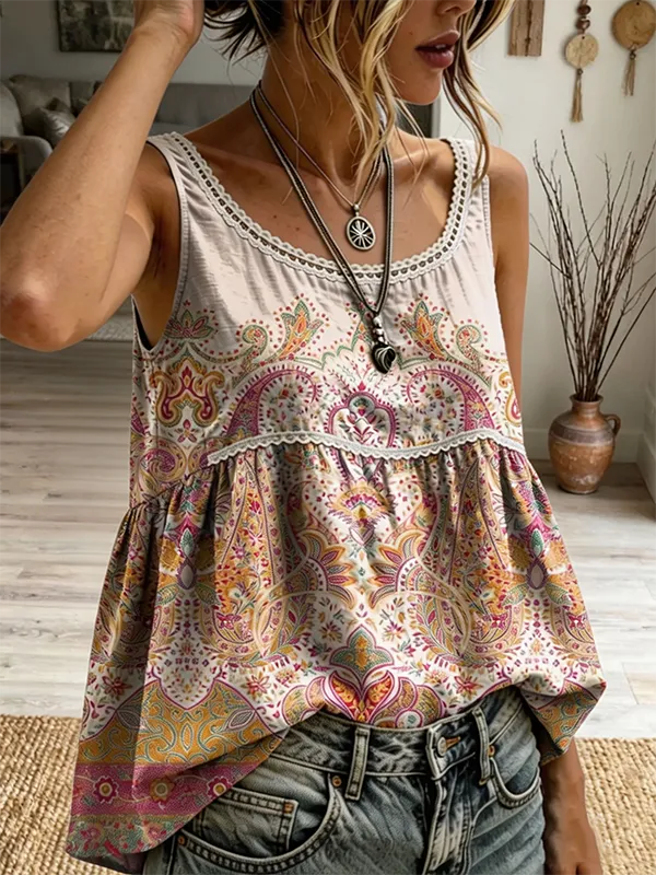 Women's Ethnic Floral-print Artistic Lace Crew-neck Tank Top