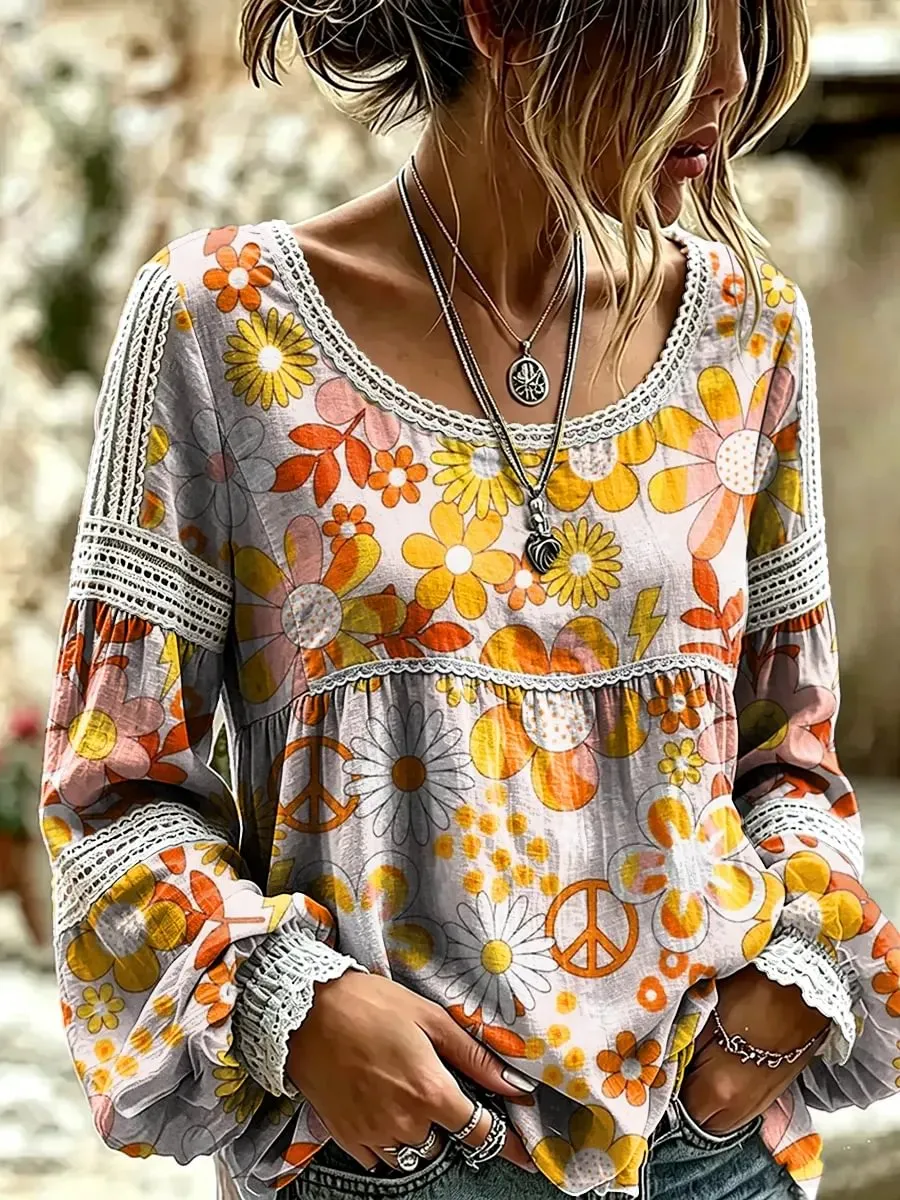 Women's Daisy Peace Sign Print Lace Trim Blouse