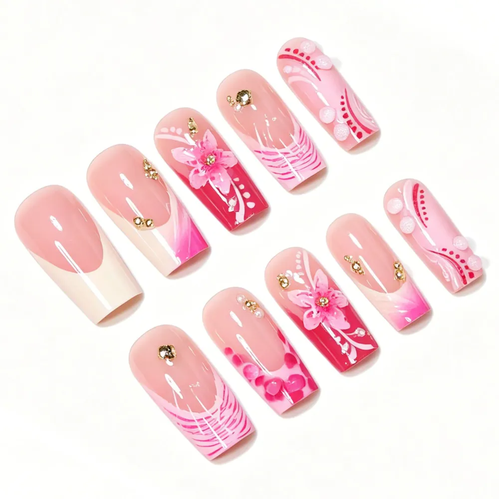 Nailhour 24Pcs Pink 3D Floral Gilded Long Coffin Press On Nails