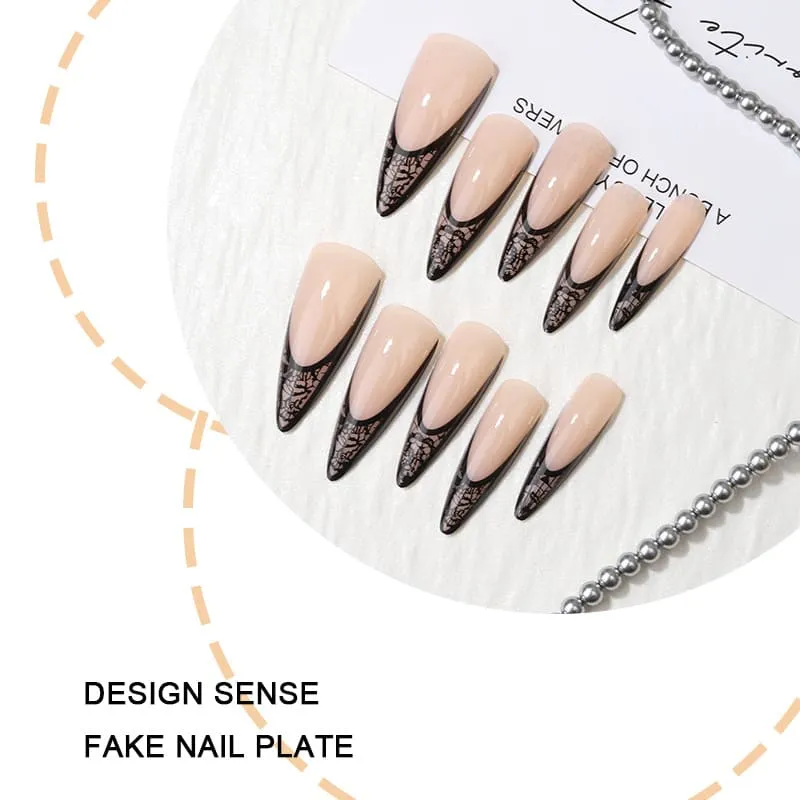 Nailhour 24Pcs Black Floral 3D Medium Almond French Lace Press On Nails