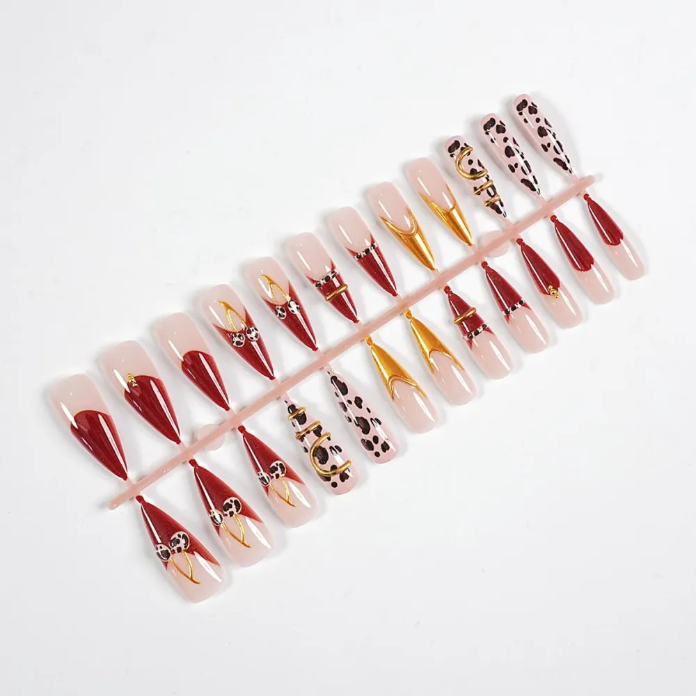 Nailhour 24Pcs 3D Gilded Red Leopard Print Cherry Long Almond Press On Nails