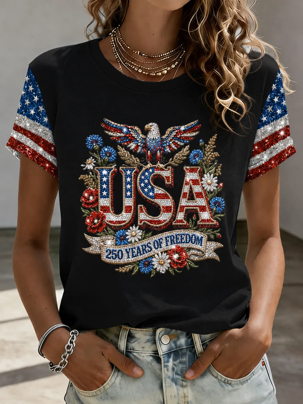 Women'S American Independence Day 250Th Anniversary Printed Short Sleeved T-Shirt