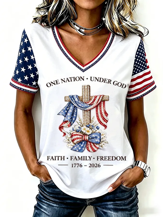 Women'S America Flag Floral Print Casual V-Neck T-Shirt