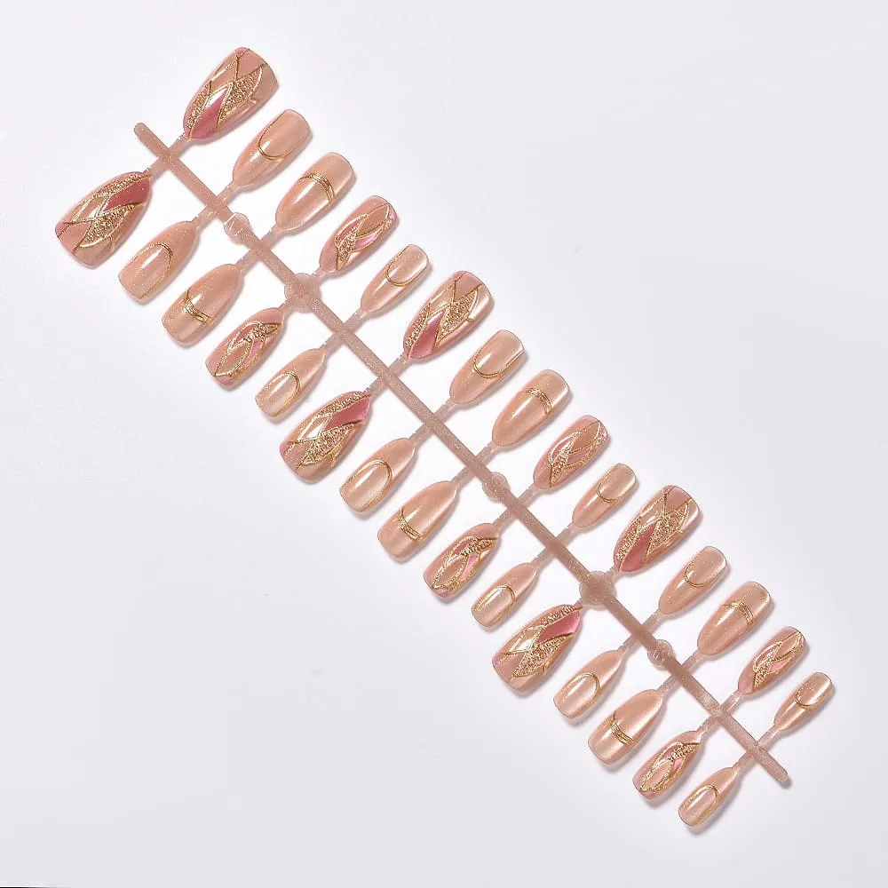 Nailhour 30Pcs Cat Eye Nude 3D Medium Almond French Press On Nails