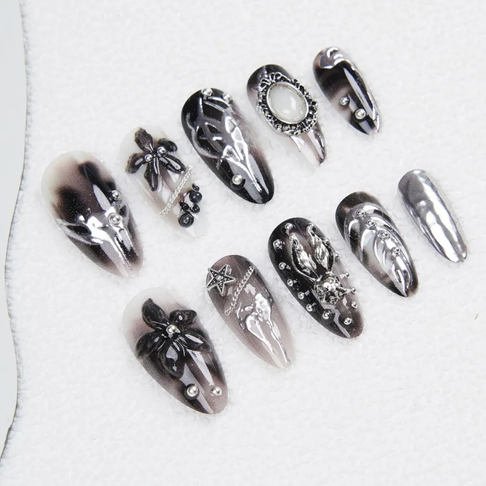 Nailhour 24Pcs Black Gothic 3D Floral Rhinestone Medium Almond Press On Nails