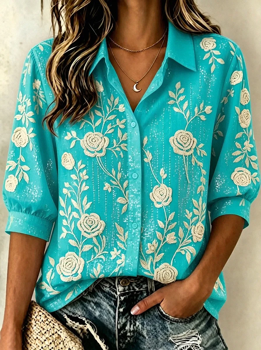 Women's Breast Cancer Awareness Rose Floral Embroidered Printed Shirt