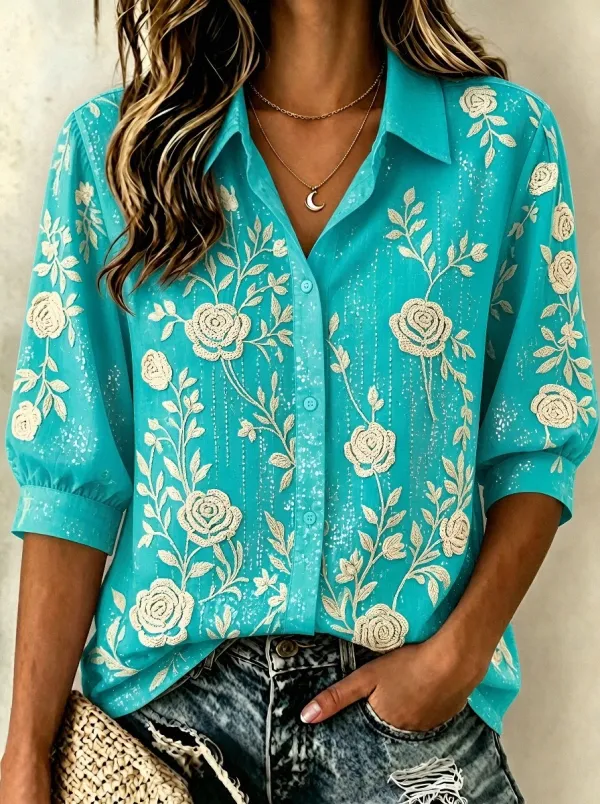 Women's Breast Cancer Awareness Rose Floral Embroidered Printed Shirt