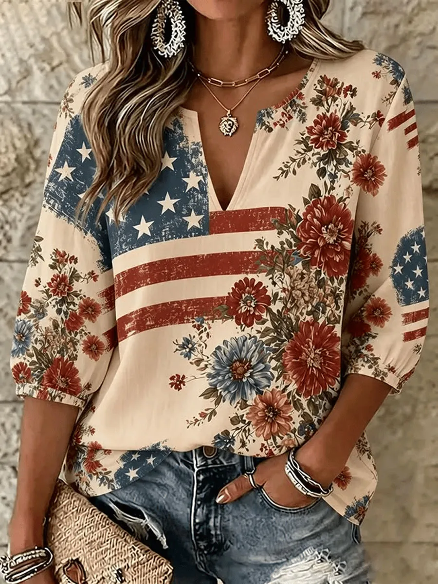 Women's Vintage Flag-Print Cotton-Linen Top