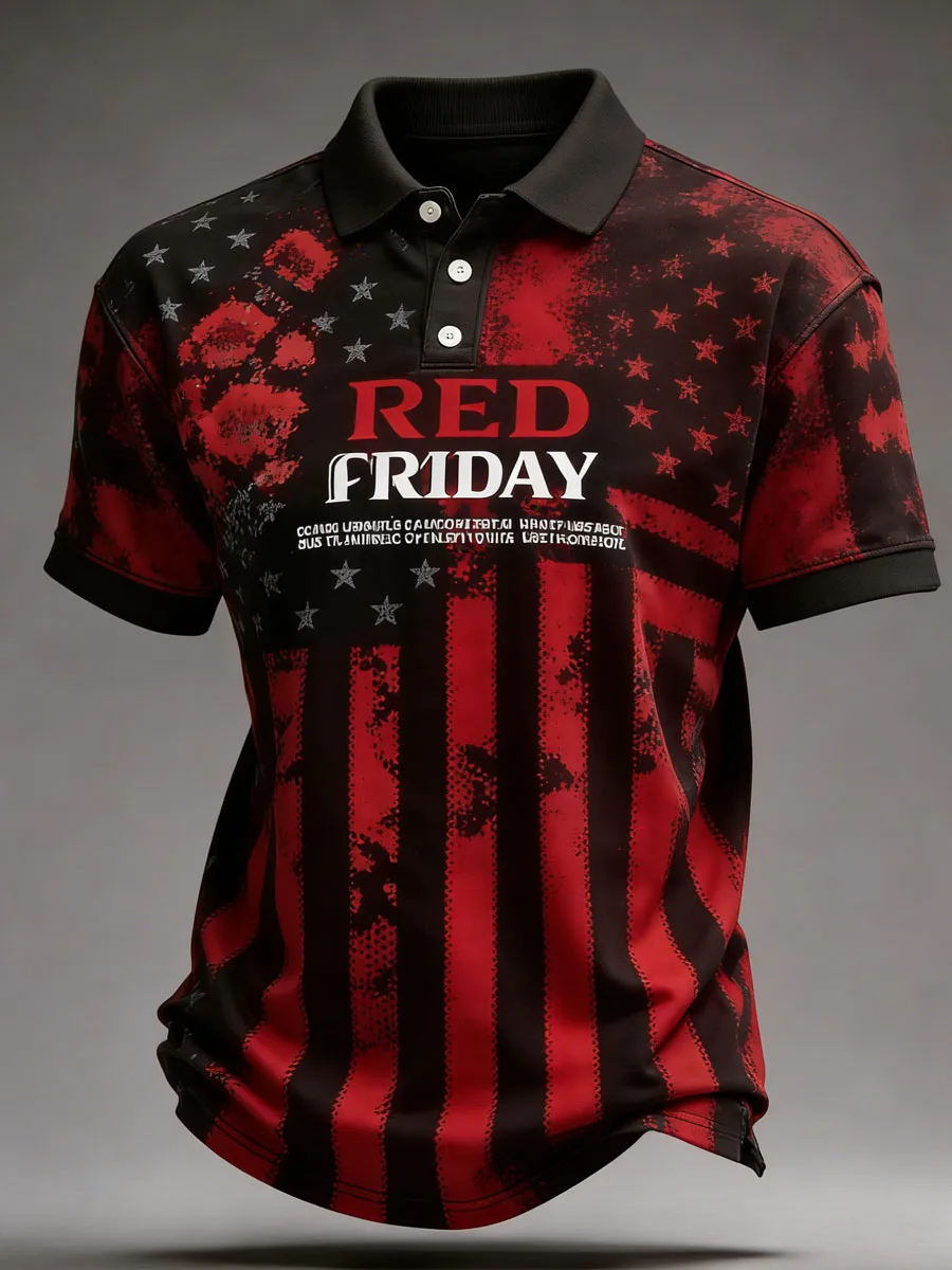 Men'S Casual Red Friday Printed Polo Shirt