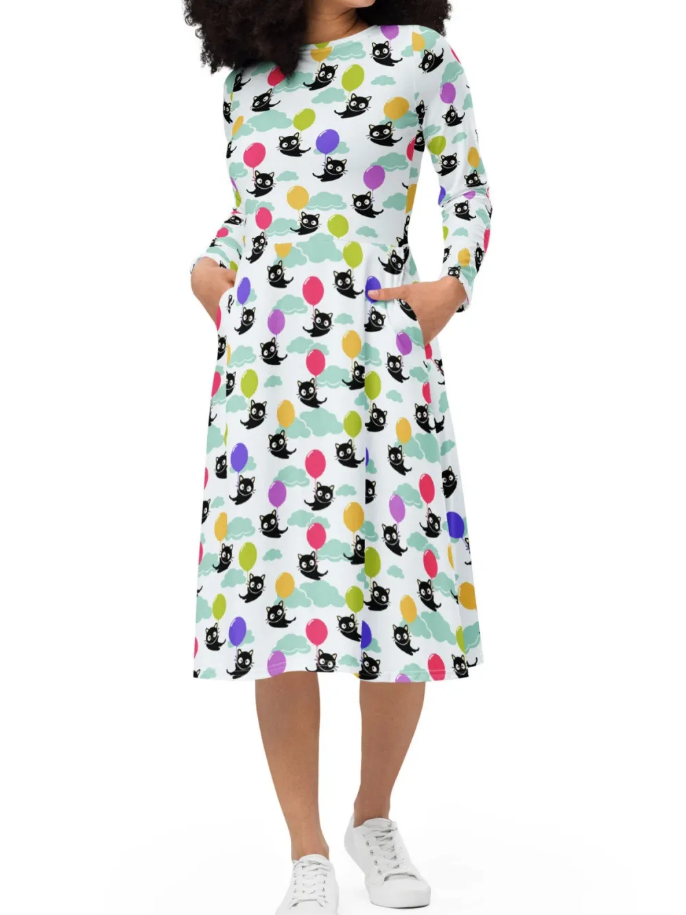 Black Cat Balloon Print Midi Dress