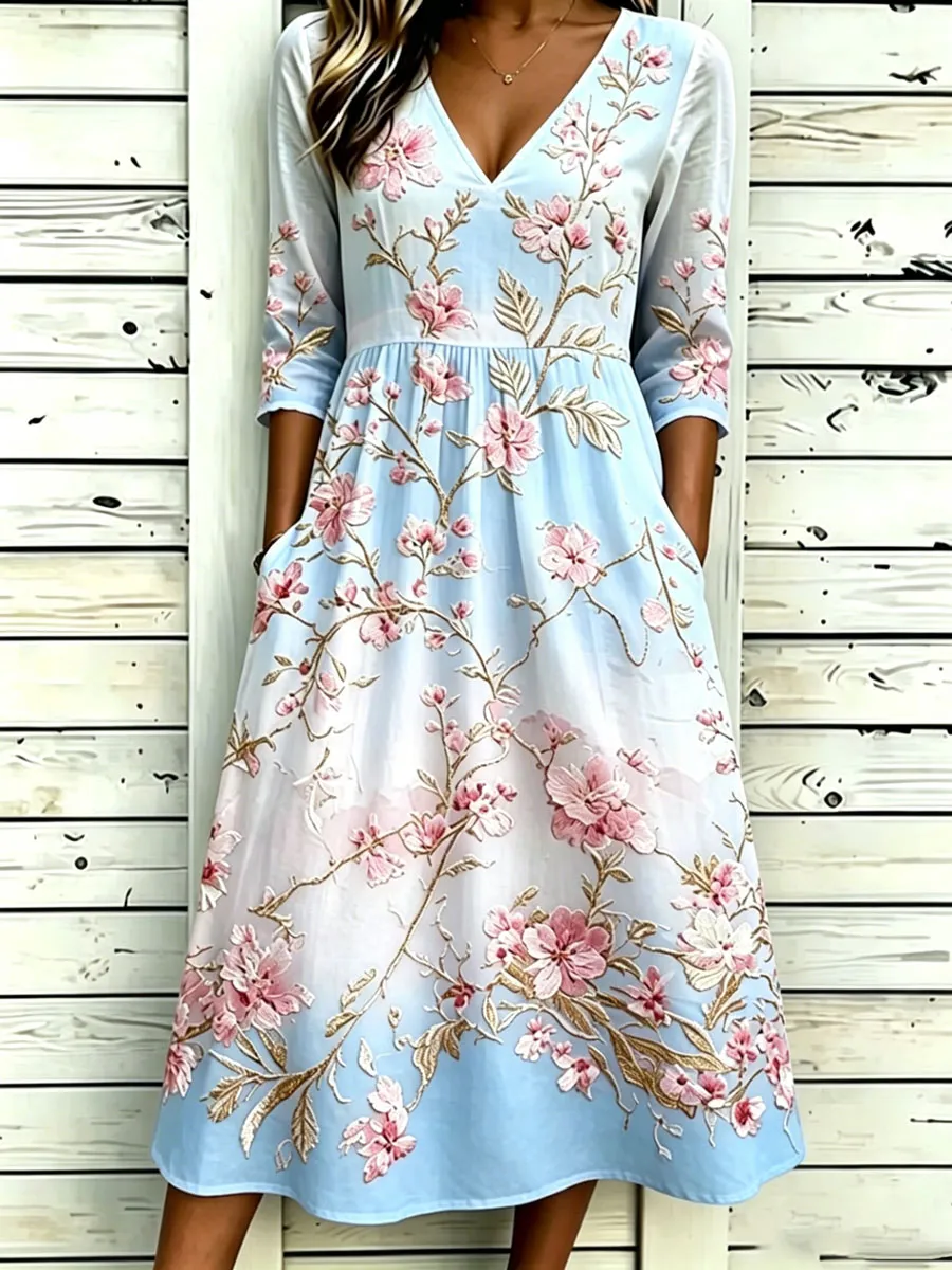 Women'S Cotton And Linen Casual Printed Loose Dress