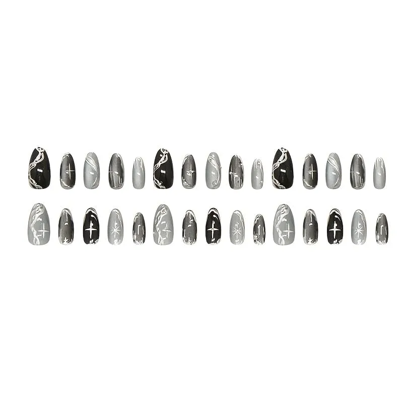 Nailhour 30Pcs 3D Rhinestone Cat Eye Gothic Party Medium Almond Black Press On Nails