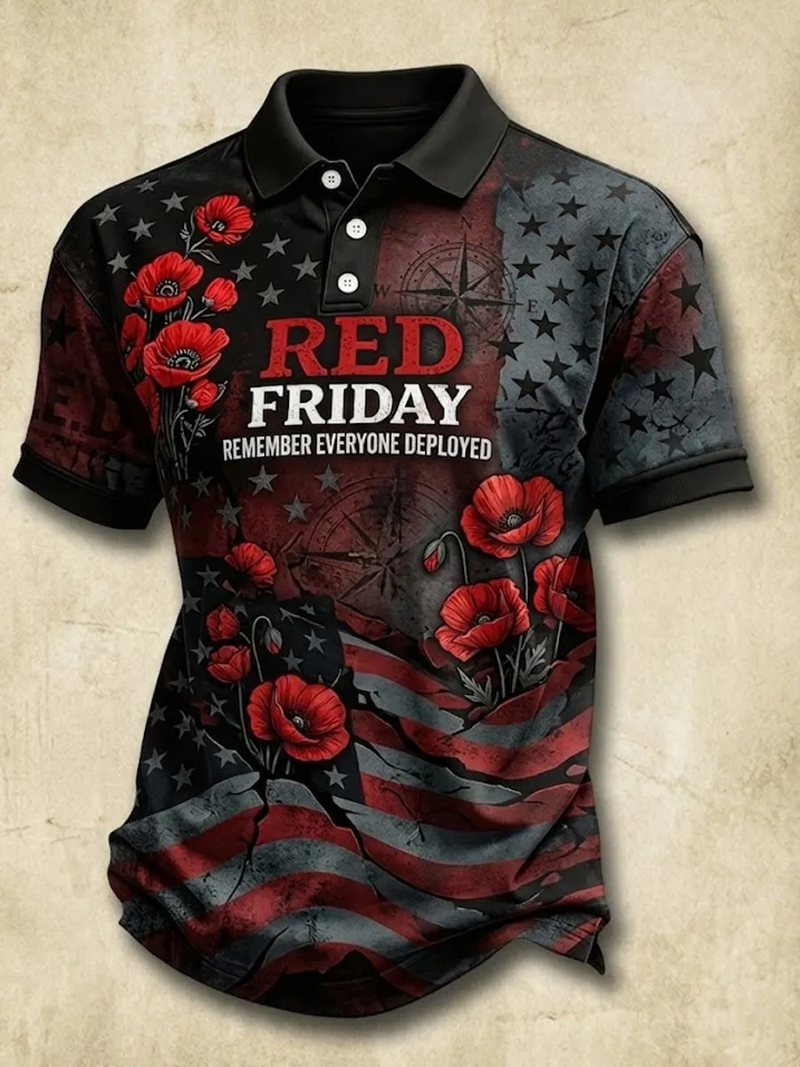 Men'S Casual Red Friday Printed Polo Shirt