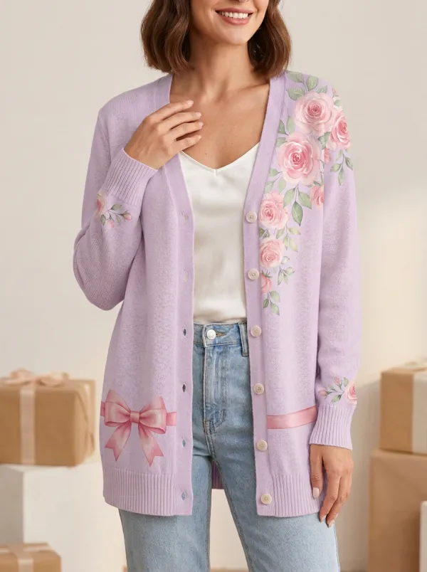 Women's Breast Cancer Awareness Pink Rose Bow Printed Cardigan