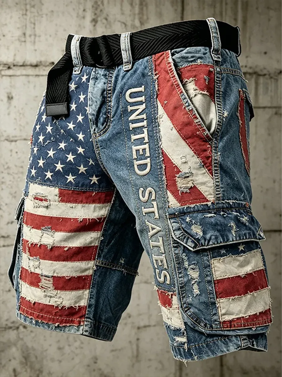 Men's United States Flag Art Print Denim-Like Casual Shorts