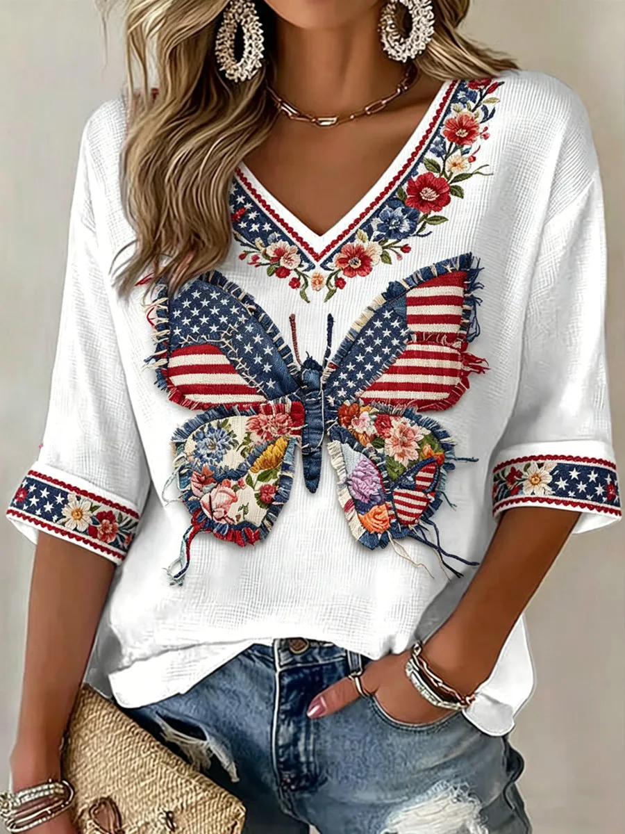 Women's 1776-2026 Anniversary Celebration Printed Half Sleeve V-Neck T-Shirt