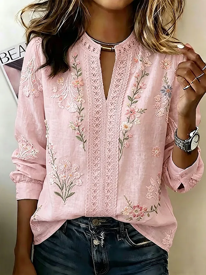 Women's casual retro floral art cotton linen shirt