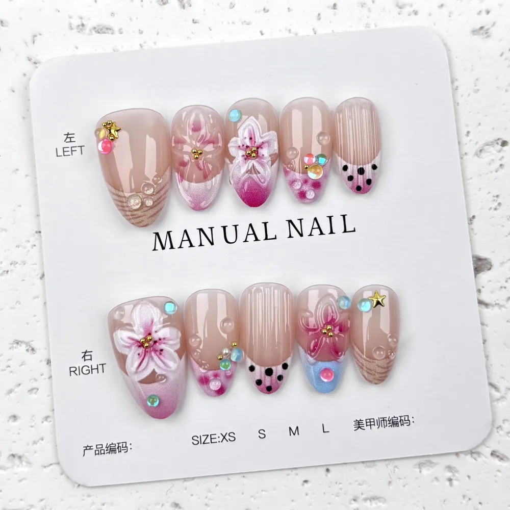 Nailhour 30Pcs French Rhinestone Gradient Medium Almond Press On Nails