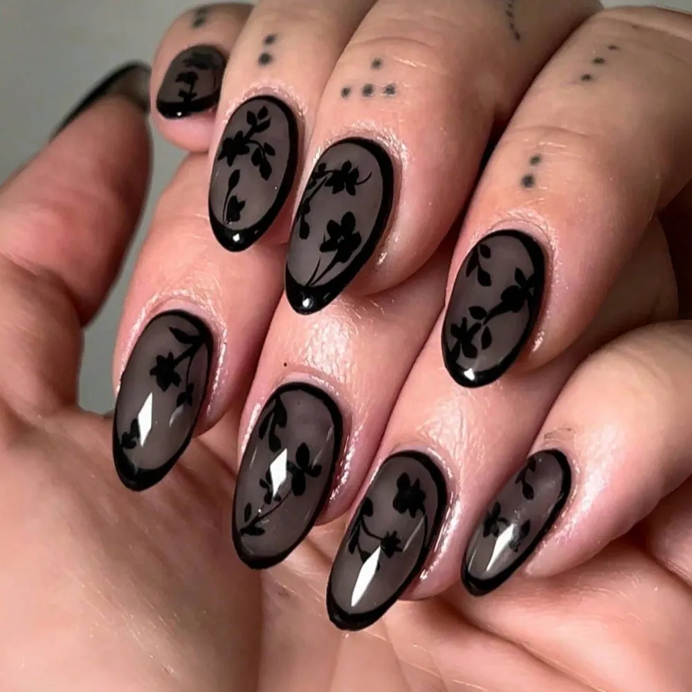 Nailhour 24Pcs Black Floral Gothic Party Medium Almond Press On Nails