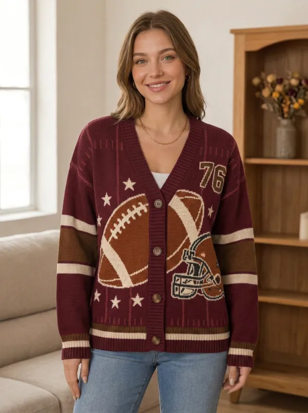 Women's Retro Inspired Gridiron Helmet Ball Knit Cardigan