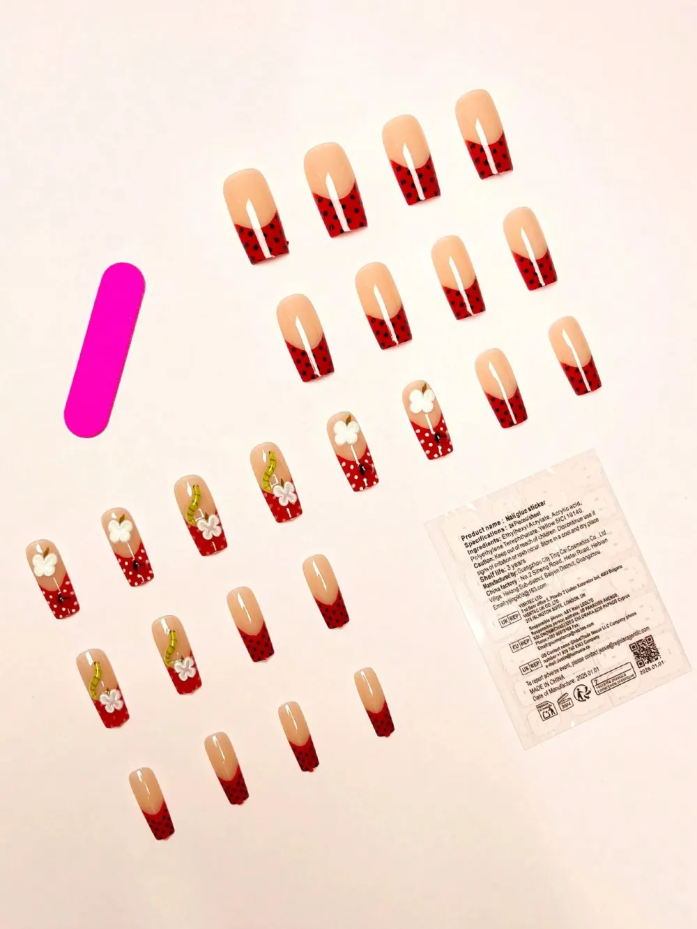 Nailhour Square Polka Dot French Red 24Pcs Daily Press On Nails