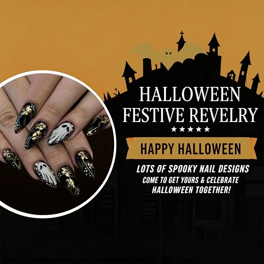 Nailhour 24Pcs 3D Cute Ghost Glossy Gilded Halloween Short Almond Press On Nails
