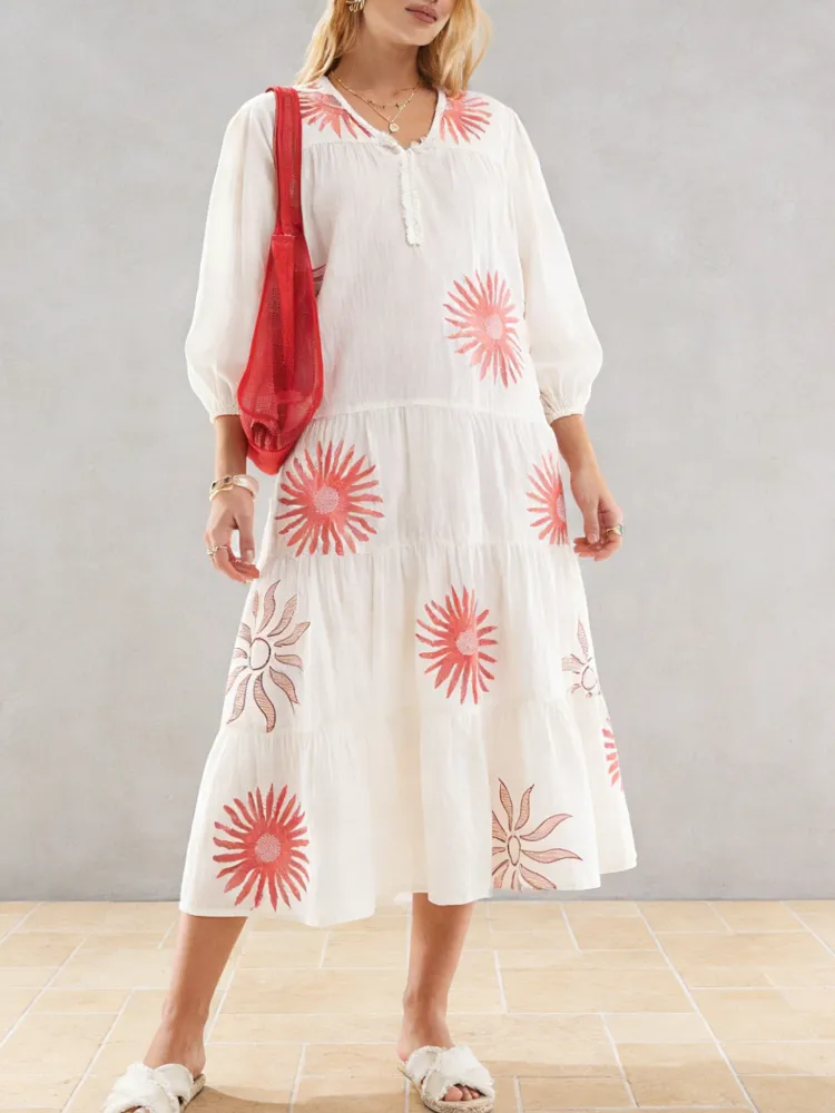 Tiered Sun Print V-Neck Dress
