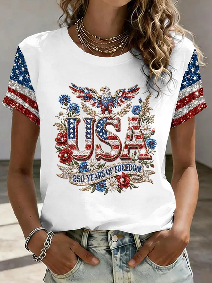 Women'S American Independence Day 250Th Anniversary Printed Short Sleeved T-Shirt