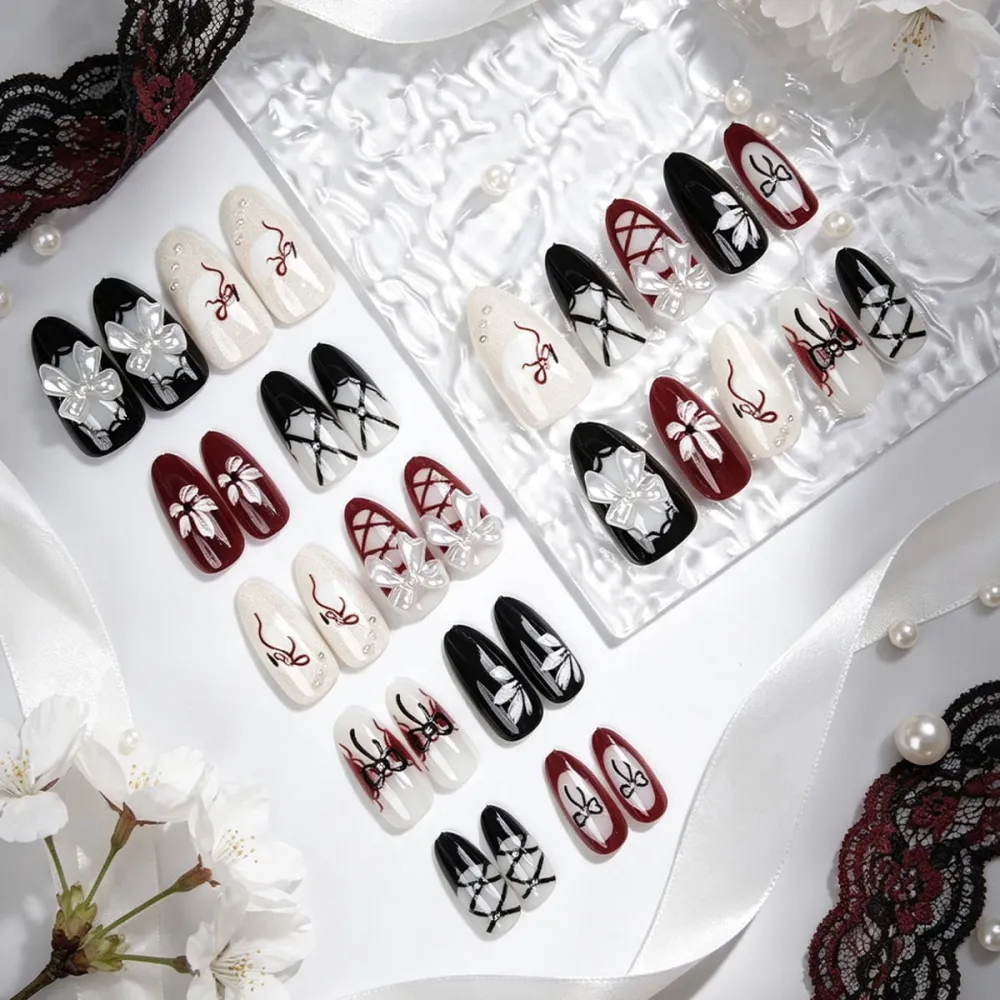 Nailhour 30Pcs Ballet 3D Medium Almond French Press On Nails