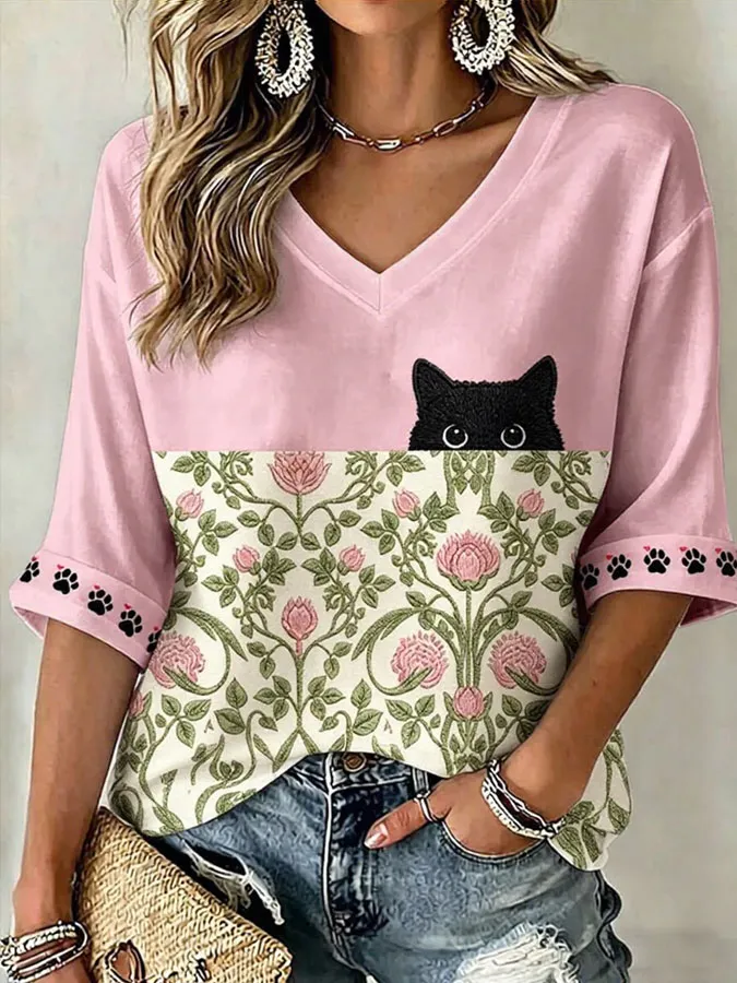 Women's Cute Cat Print V-Neck Short Sleeve T-Shirt