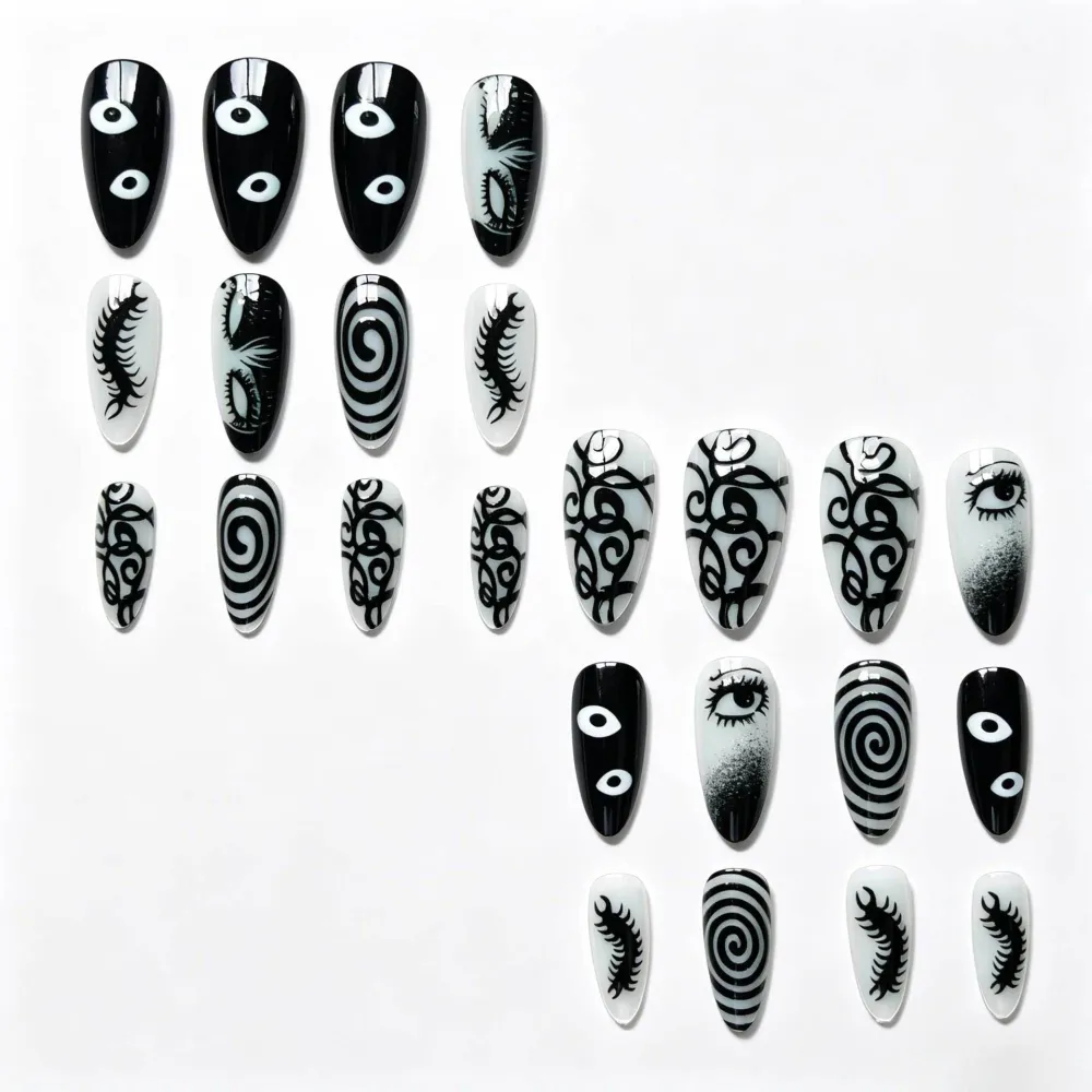 Nailhour 24Pcs Black Gothic Vintage Medium Almond Press On Nails