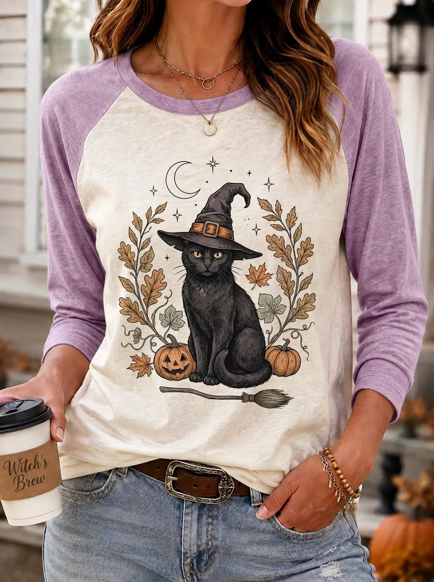 Women's Halloween Cat Witch Pumpkin Printed Raglan T-shirt