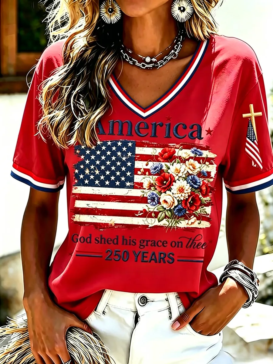 Women's Casual USA 250th Celebration Print Short Sleeve T-shirt