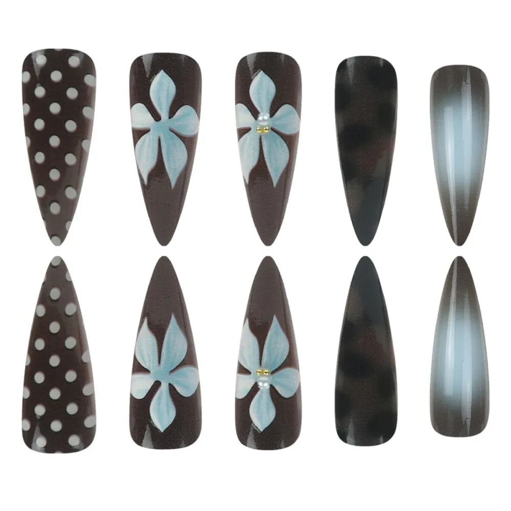 Nailhour 24Pcs 3D French Floral Vintage Medium Stiletto Press On Nails