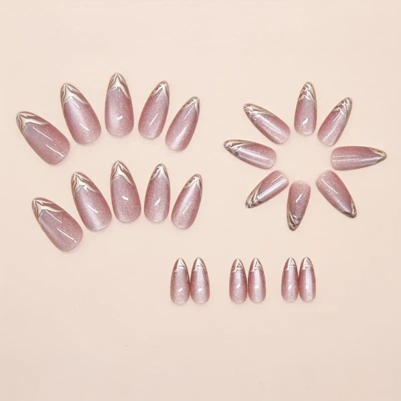 Nailhour 24Pcs Nude 3D Gilded French Medium Almond Press On Nails