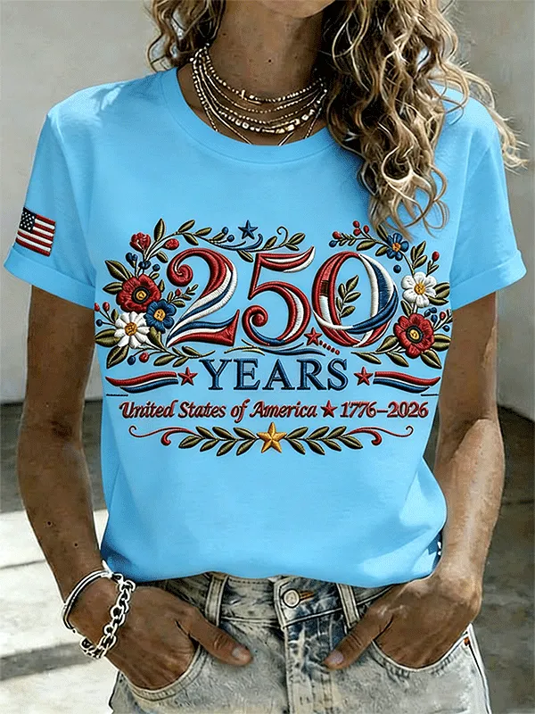 Women's 250 Years 1776-2026 USA Floral Embroidered T-shirt