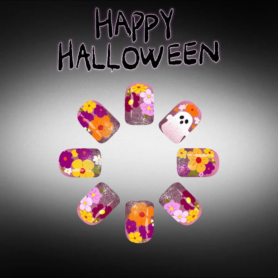 Nailhour 24Pcs Cute Ghost Halloween Multicolor Glitter Short Square Press On Nails