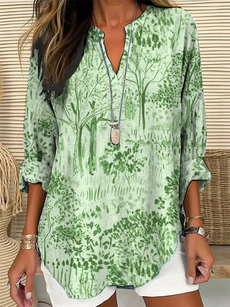 Women's Long-Sleeved V-Neck Shirt With Plant Prints