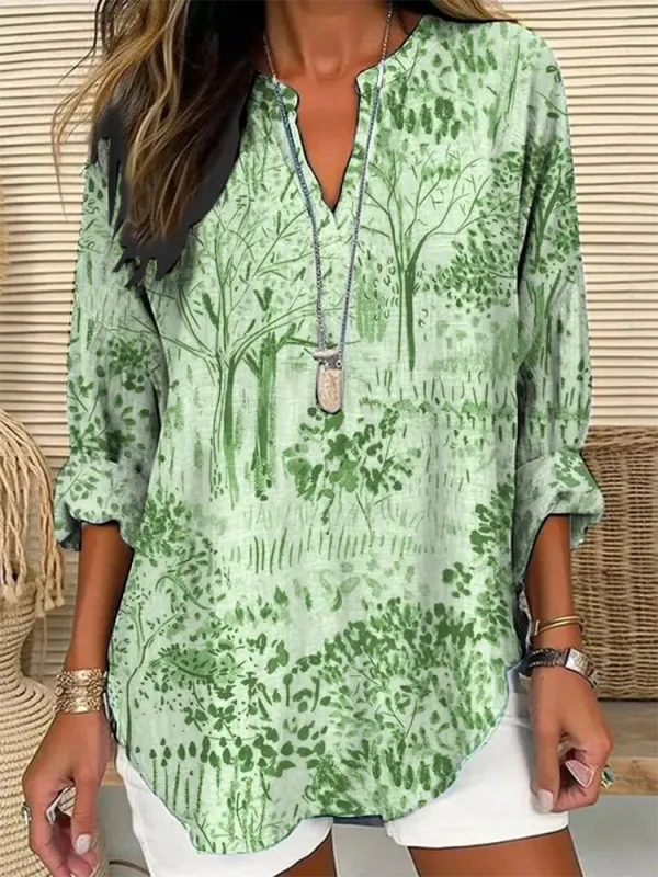 Women's Long-Sleeved V-Neck Shirt With Plant Prints